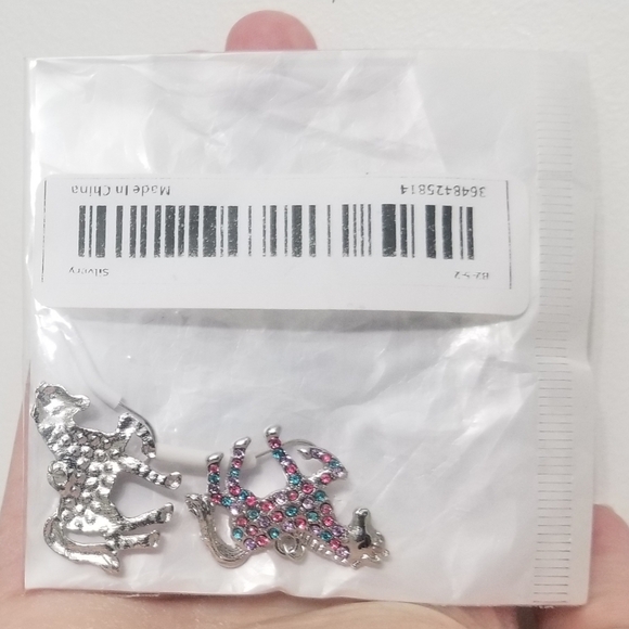 NWT silvertone horse earrings w pink, purple, and teal rhinestones - Picture 2 of 3